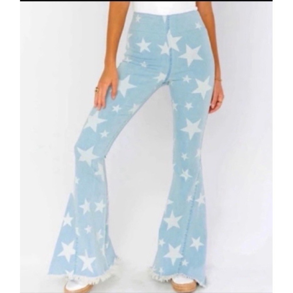 Show Me Your Mumu Berkeley Bells  Sz XS Stars Frayed Denim‎ Jeans Pants